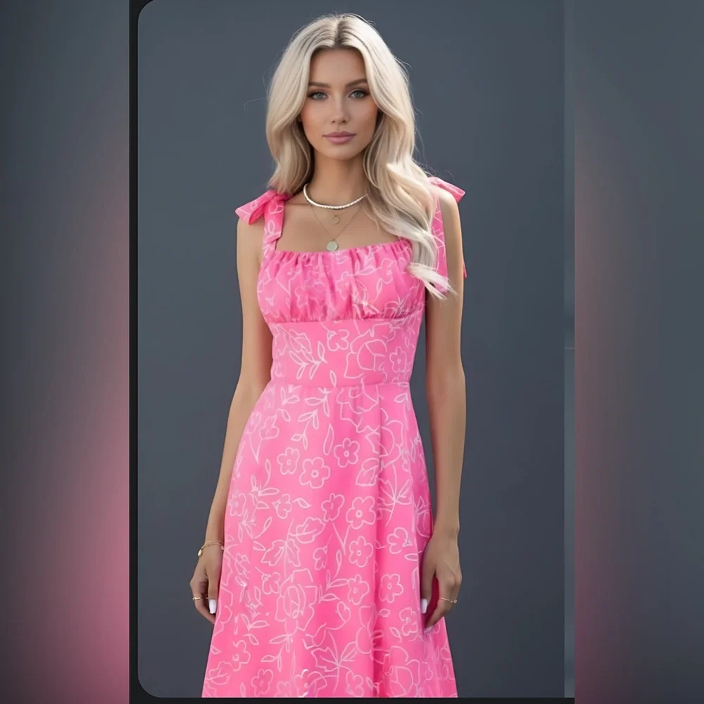 Last One 🔥 Pink Chiffon Floral Print Tie Shoulder Ruched Bust Cami Dress - Picture 3 of 8